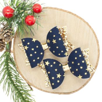 Golden Stars Navy Set of 2 Small Bows