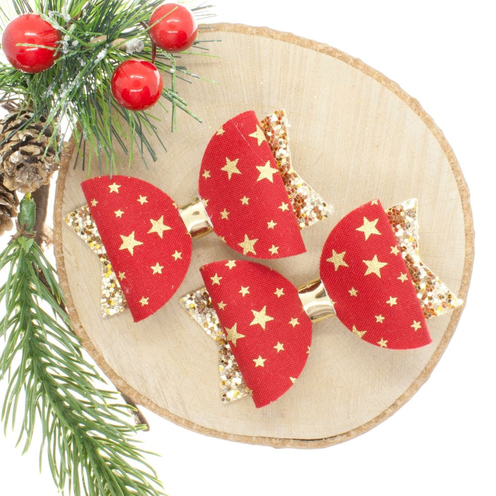 Golden Stars Red Set of 2 Small Bows