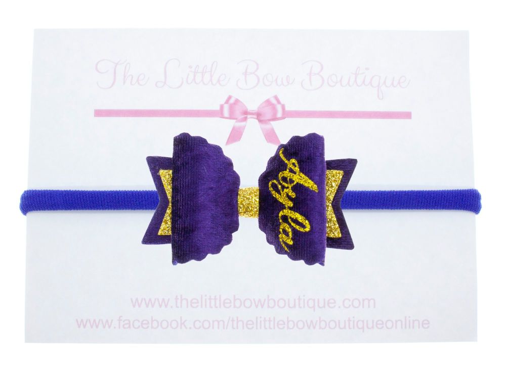 Beautiful Name Small Bow Purple– Gold or Silver finish – headband or clip
