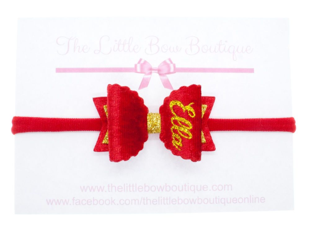 Beautiful Name Small Bow Red – Gold or Silver finish – headband or clip