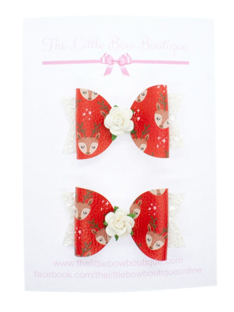 Pretty Little Reindeers Red Set of 2 Small Bows