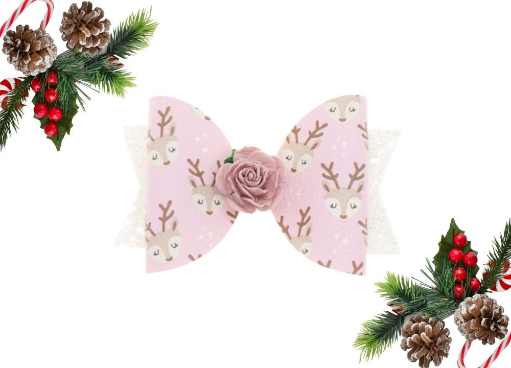 Pretty Little Reindeers Pink Regular Size Bow
