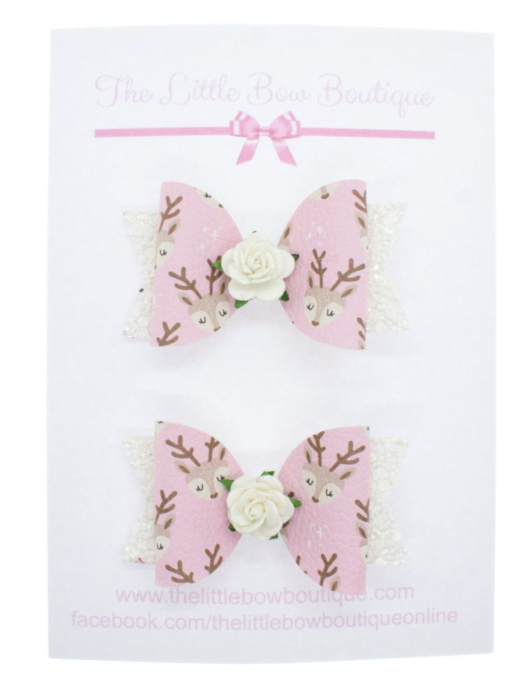 Pretty Little Reindeers Pink Set of 2 Small Bows