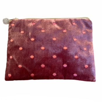 Lua Velvet Coin/Cosmetic Purse - Small embroidered dots (Deep Rose)