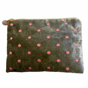 Lua Velvet Coin/Cosmetic Purse - Small embroidered dots (Green)