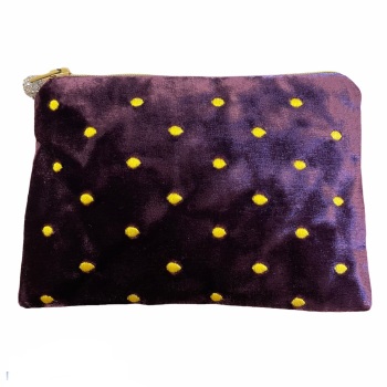 Lua Velvet Coin/Cosmetic Purse - Small embroidered dots (Mulberry)