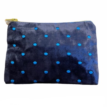 Lua Velvet Coin/Cosmetic Purse - Small embroidered dots (Dark Blue)