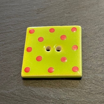 Stockwell Ceramics Button - Square Lime Green with Red Spots