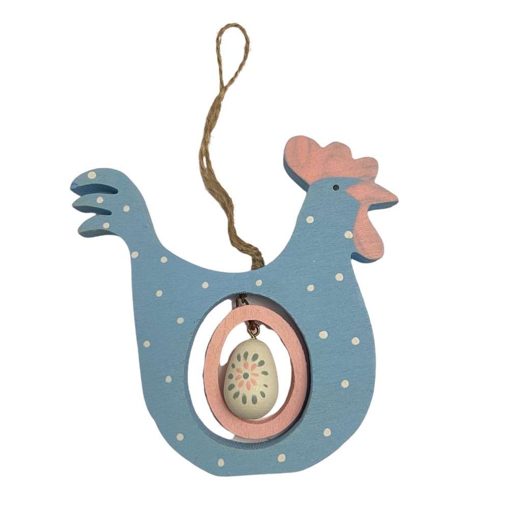 Easter - Wooden chicken with hanging egg - Blue