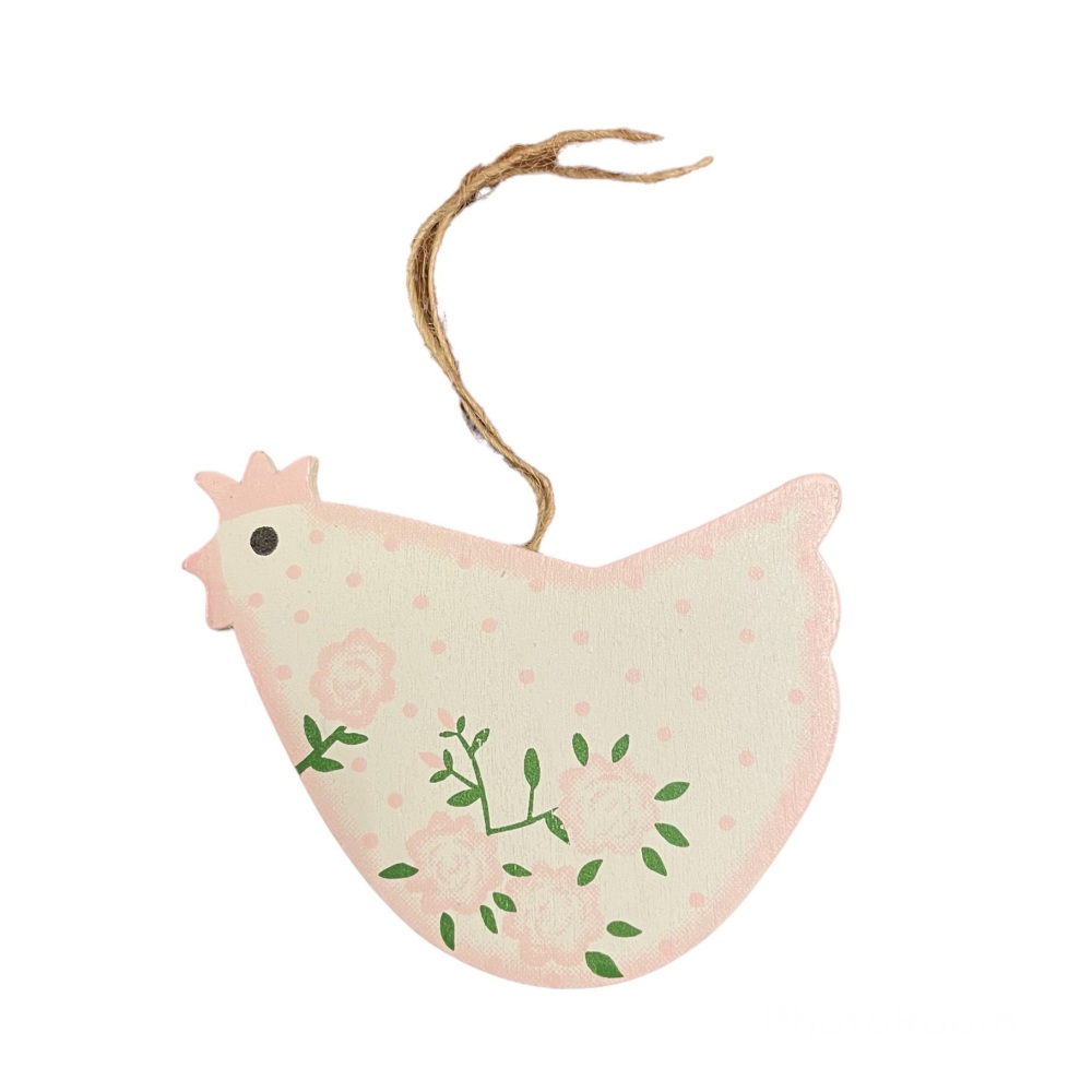 Easter - Wooden chicken decoration with pink flowers