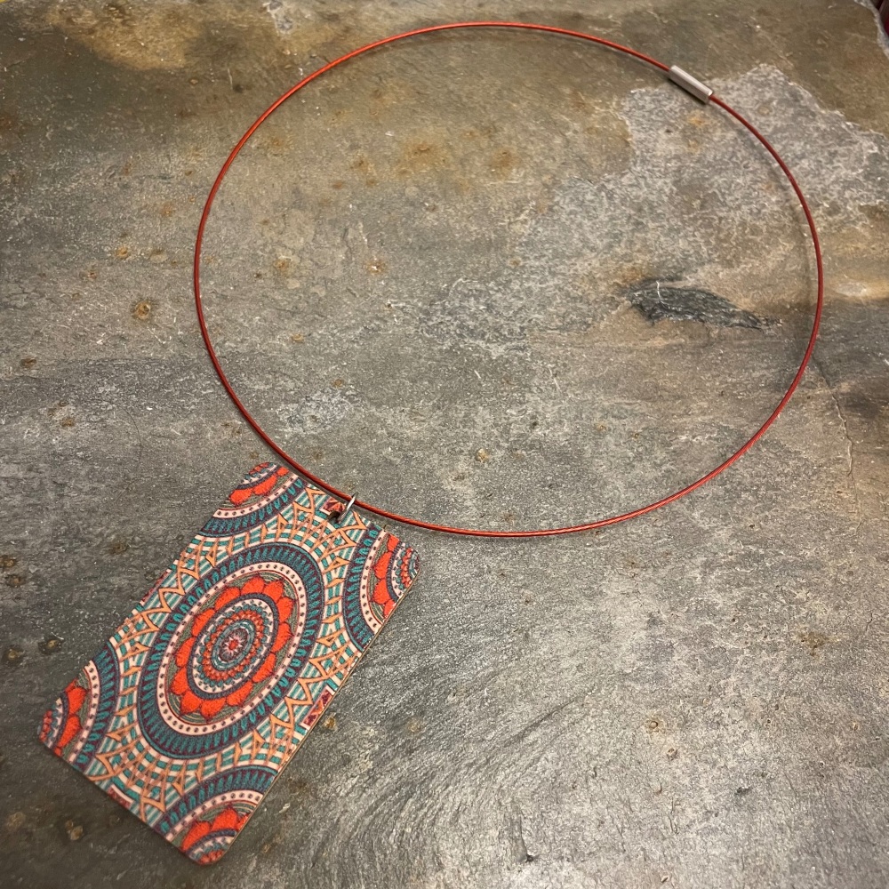 Boho Wooden Necklace - Orange/Turquoise (olive wire)