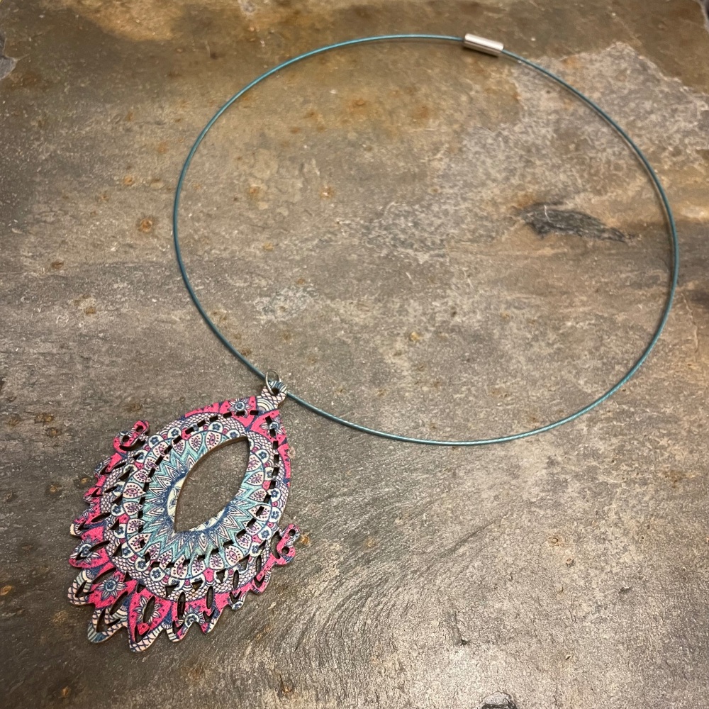 Boho Wooden Necklace - Pink/Orange/pale blue (brown wire)