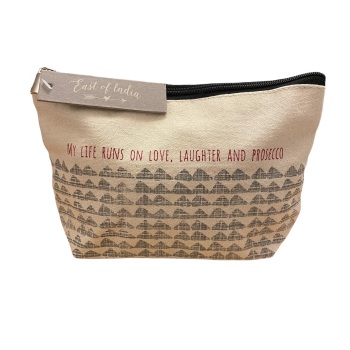 SALE! Was £12.99 now £10.99. East of India Wash Bag - My life runs on love, laughter and Prosecco