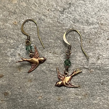 Birdie and Beau Earrings - Swallows (copper/'peridot' crystal)