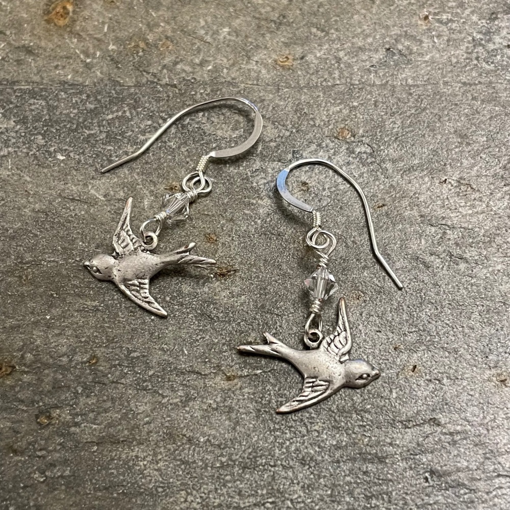 Birdie and Beau Earrings - Swallows (silver/clear crystal)
