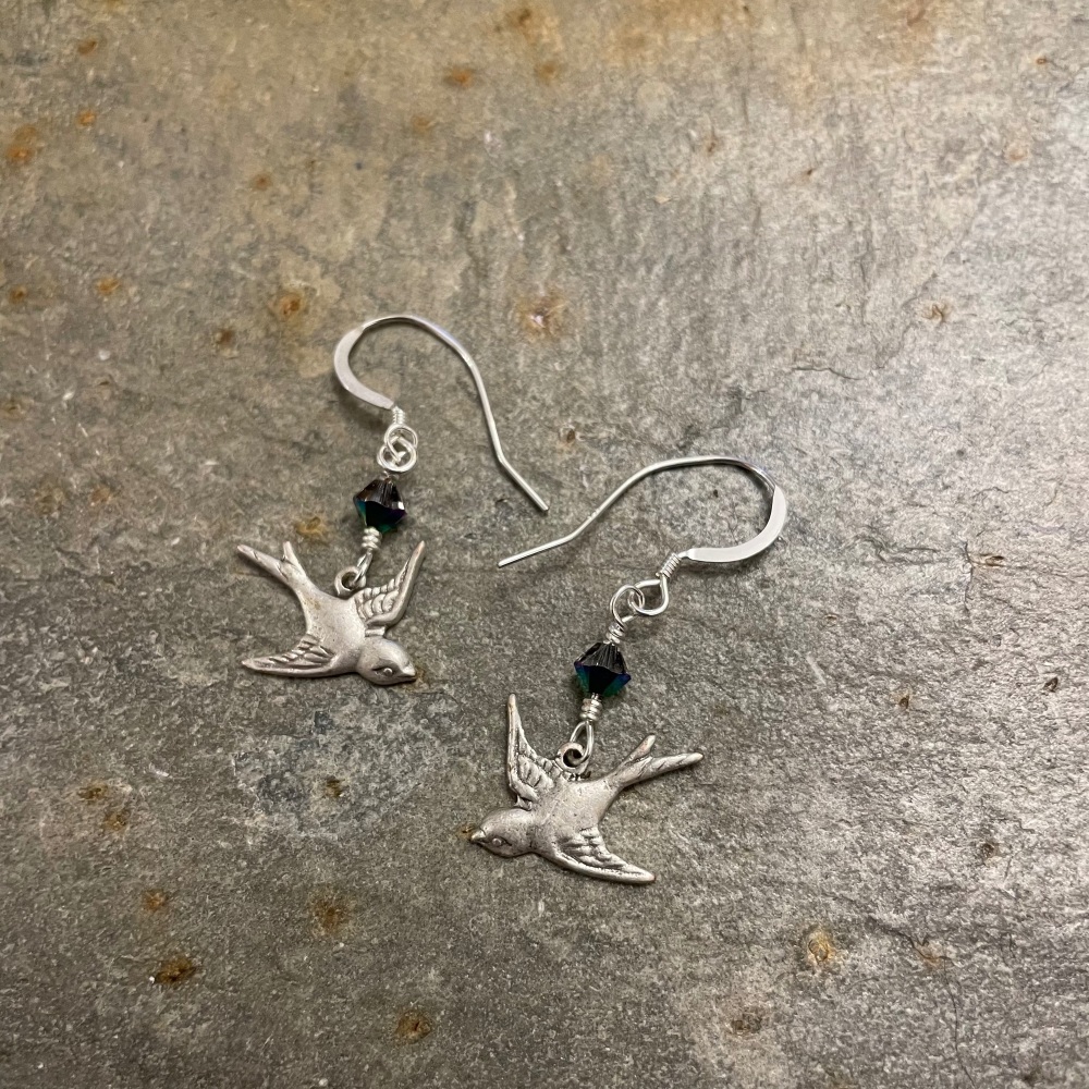 Birdie and Beau Earrings - Swallows (silver/clear crystal)