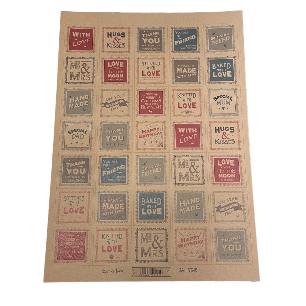 East of India Stickers - Square Assorted Designs and Colours (Kraft)