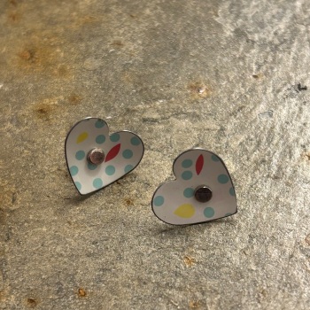 SALE!  WAS £15, NOW £10 KHH/The Tinsmiths  Recycled Tin earrings - Medium heart studs (multicolour, geometric)