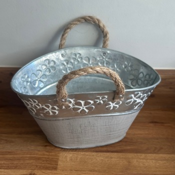 Satchville - Grey Metal Planter with Rope Handles and Embossed Design (small)