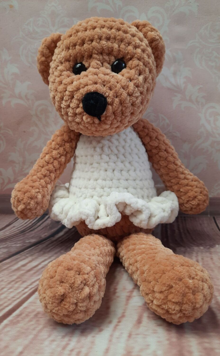 Hand crocheted Teddy bear in quality chenille yarn.