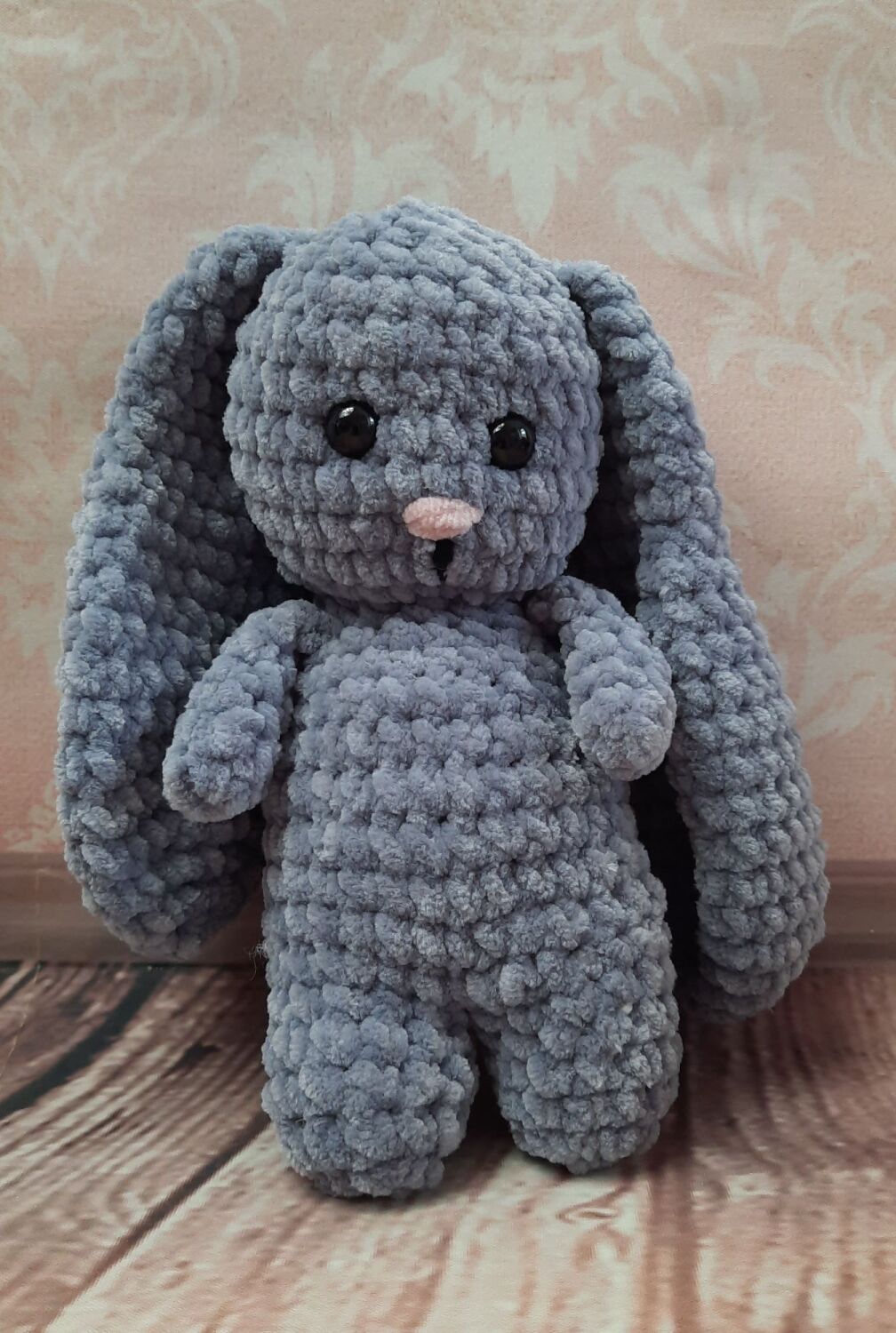 Hand crocheted bunny in quality chenille yarn.