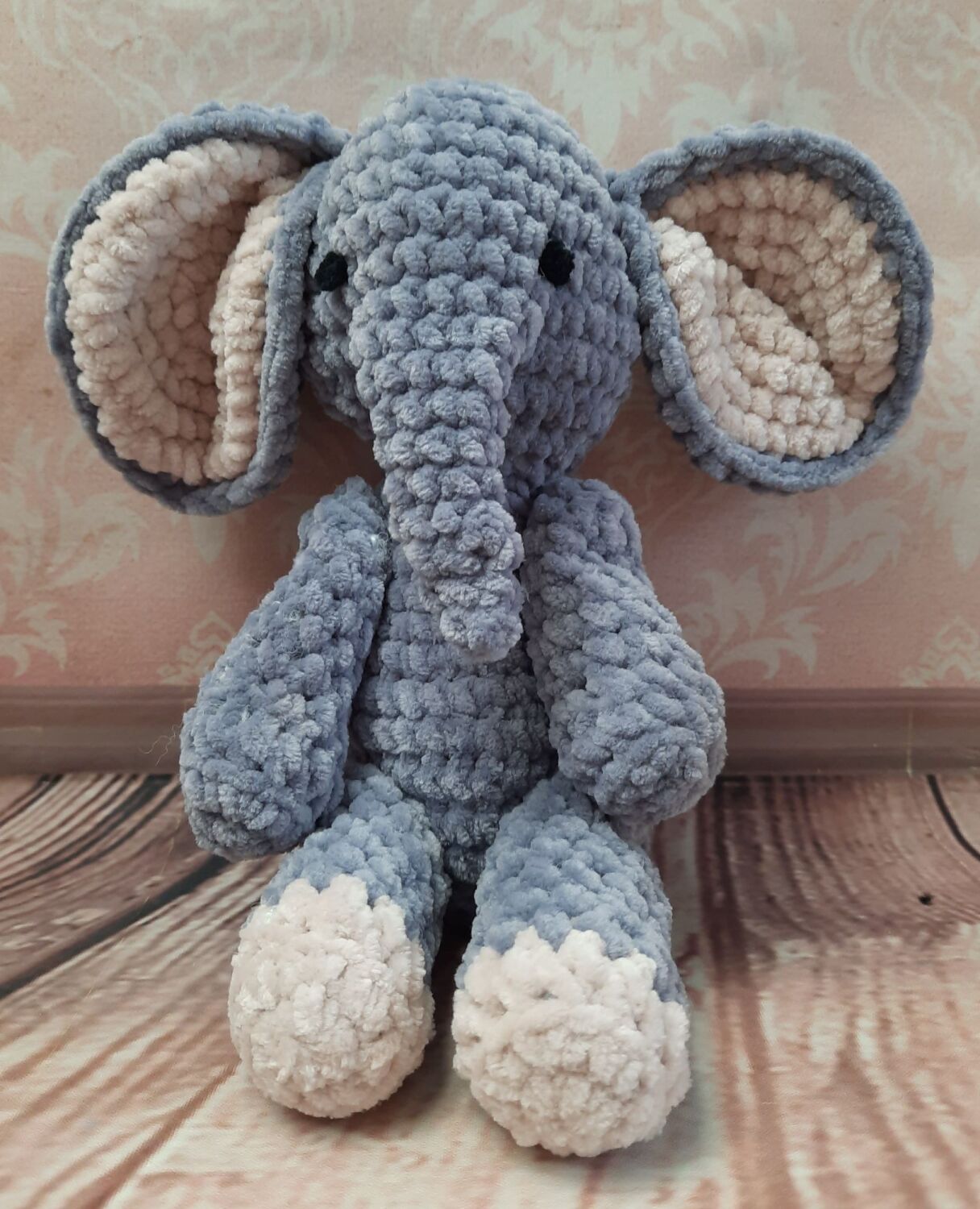 Hand crocheted elephant in quality chenille yarn. (12 inches/30cm)