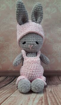 Hand crocheted dressed bunny in quality chenille yarn. (16 inches/41cm)