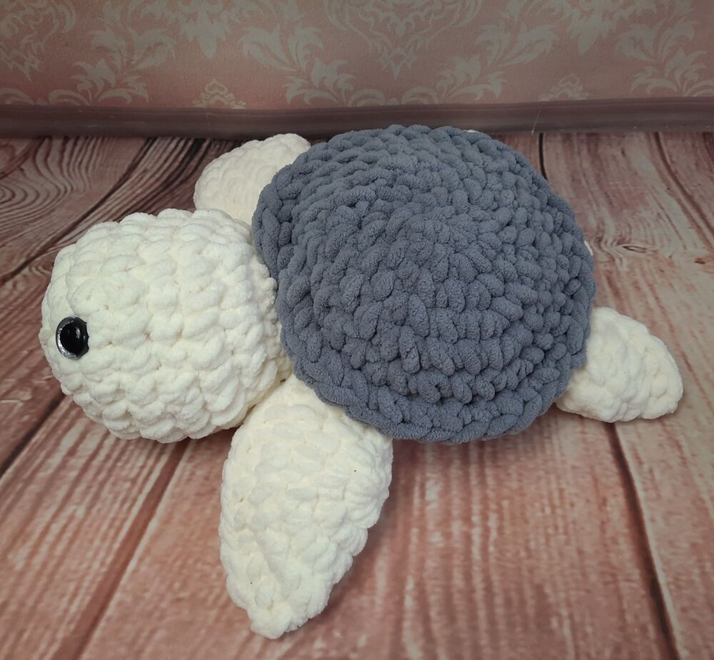 Hand crocheted large sea turtle in super chunky chenille yarn. (16 inches/4