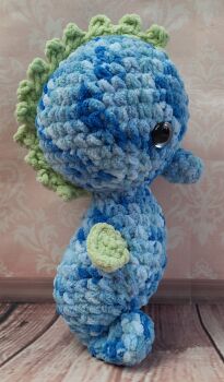 Hand crocheted sea horse in chunky chenille yarn. (16 inches/41cm).