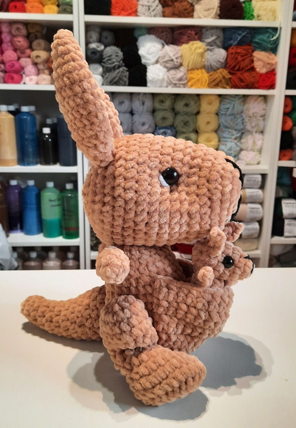 Hand crocheted Mummy Kangaroo and baby in quality chenille yarn. (15.5 inch