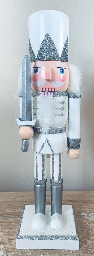 White and Silver Sparkly Nutcracker Soldier