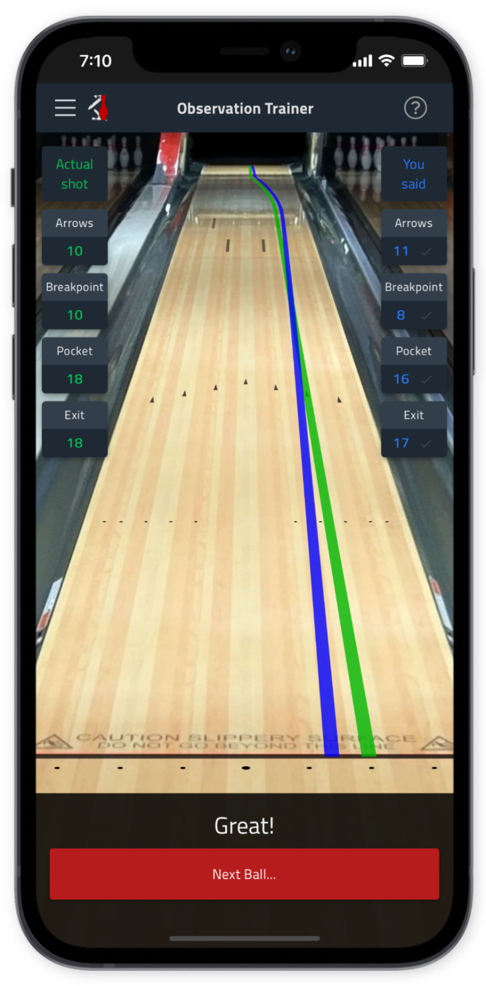 Training tool for observation of bowling ball motion