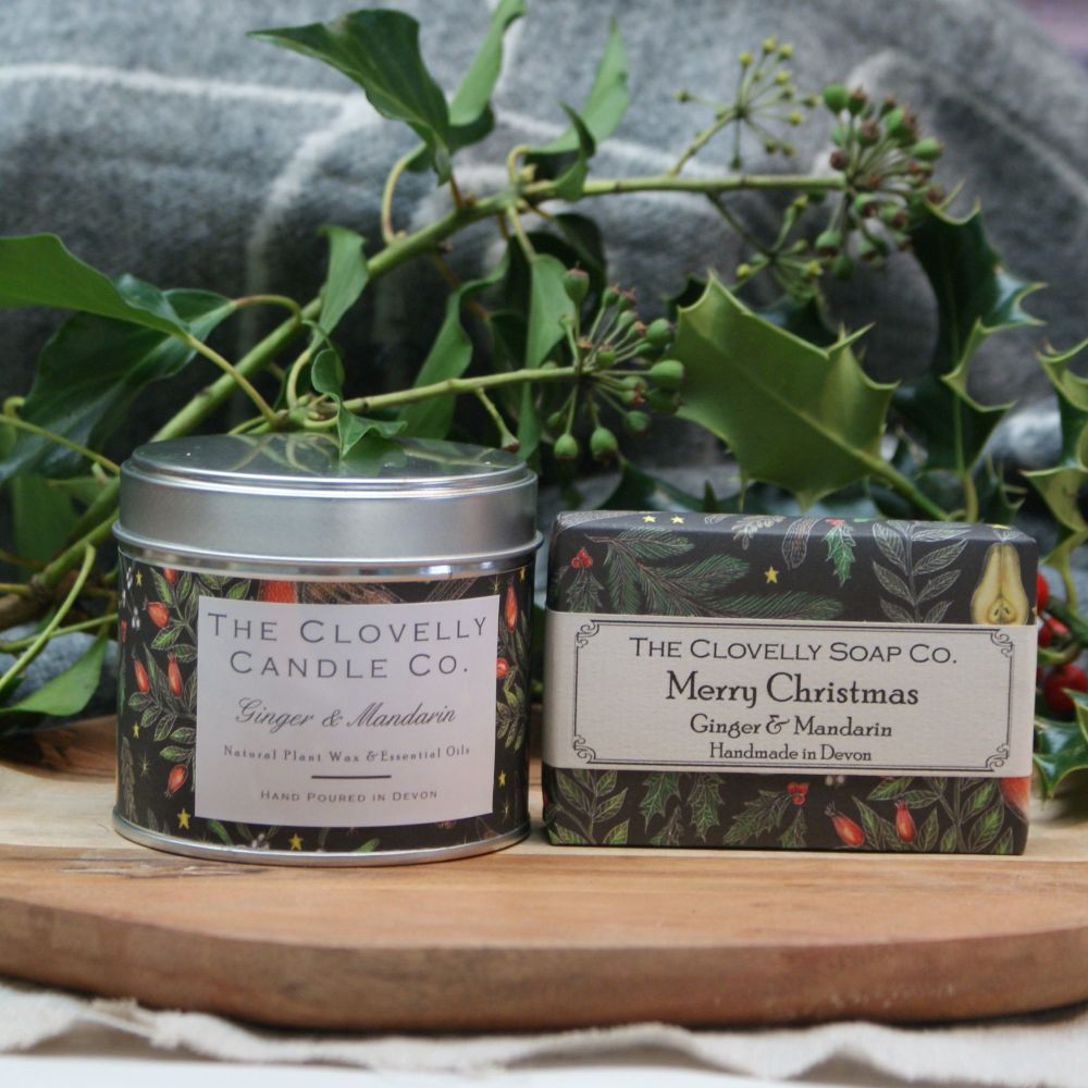 Ginger & Mandarin Merry Christmas Bundle of Soap and Large Tin Soy Wax Cand