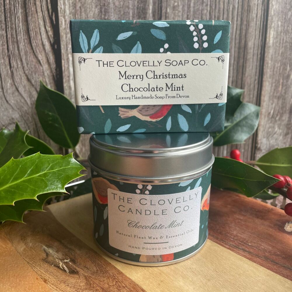 Chocolate Mint Merry Christmas Bundle of Soap and Large Tin Soy Wax Candle