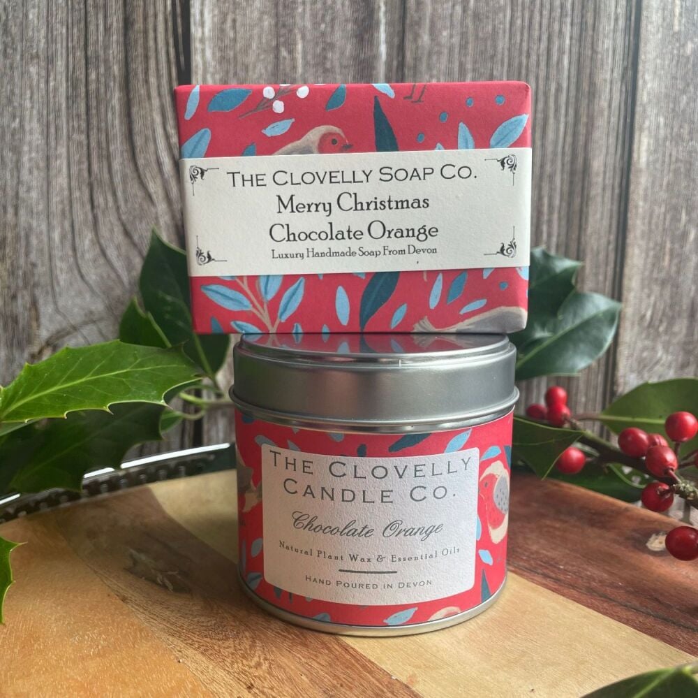 Chocolate Orange Merry Christmas Bundle of Soap and Large Tin Soy Wax Candle
