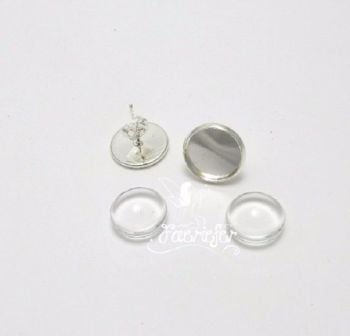 Earring stud settings 12 mm Bulk x 50 pairs silver plated with glass