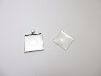 1 inch 25 mm square setting pendant bright silver with matching glass