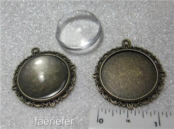2 bronze picture setting round pendant frames + glass domes 25 mm cabochons 1"