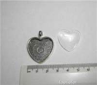 Heart shaped Cabochon Setting pendant + glass dome seal  silver plated 1" 25mm 