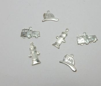 Firefighter mix charms sterling silver plated fine stampings x 6 fire engine hydrant and hat