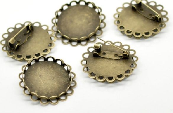 Bronze 1" 25 mm round Setting pin brooch bezel tray double frilled edge pack of 5