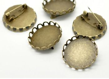 Bronze 1" 25 mm round Setting pin brooch bezel tray single frilled edge