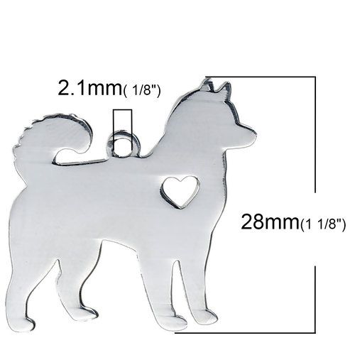 STAINLESS STEEL PENDANT BLANK -HUSKY - DOG WITH HEART - SILVER TONE Pack Of