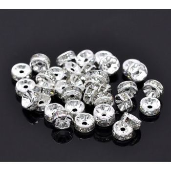 Rondelle Spacer Beads Round Silver Plated Clear Rhinestone  8mm pack of 50