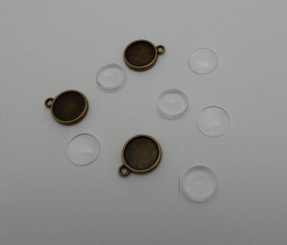 3 double sided setting small round pendant bezels + 6 glass domes bronze 12