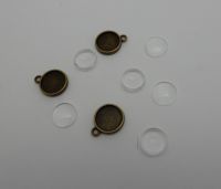 3 double sided setting small round pendant bezels + 6 glass domes bronze 12 mm 
