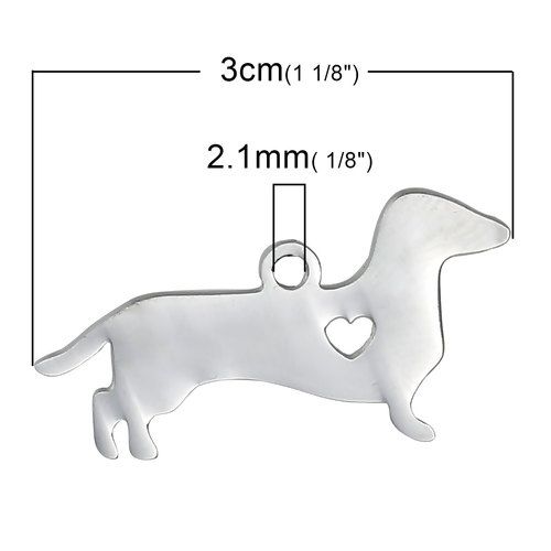 STAINLESS STEEL PENDANT BLANK -DACHSHUND - DOG WITH HEART - SILVER TONE Pac