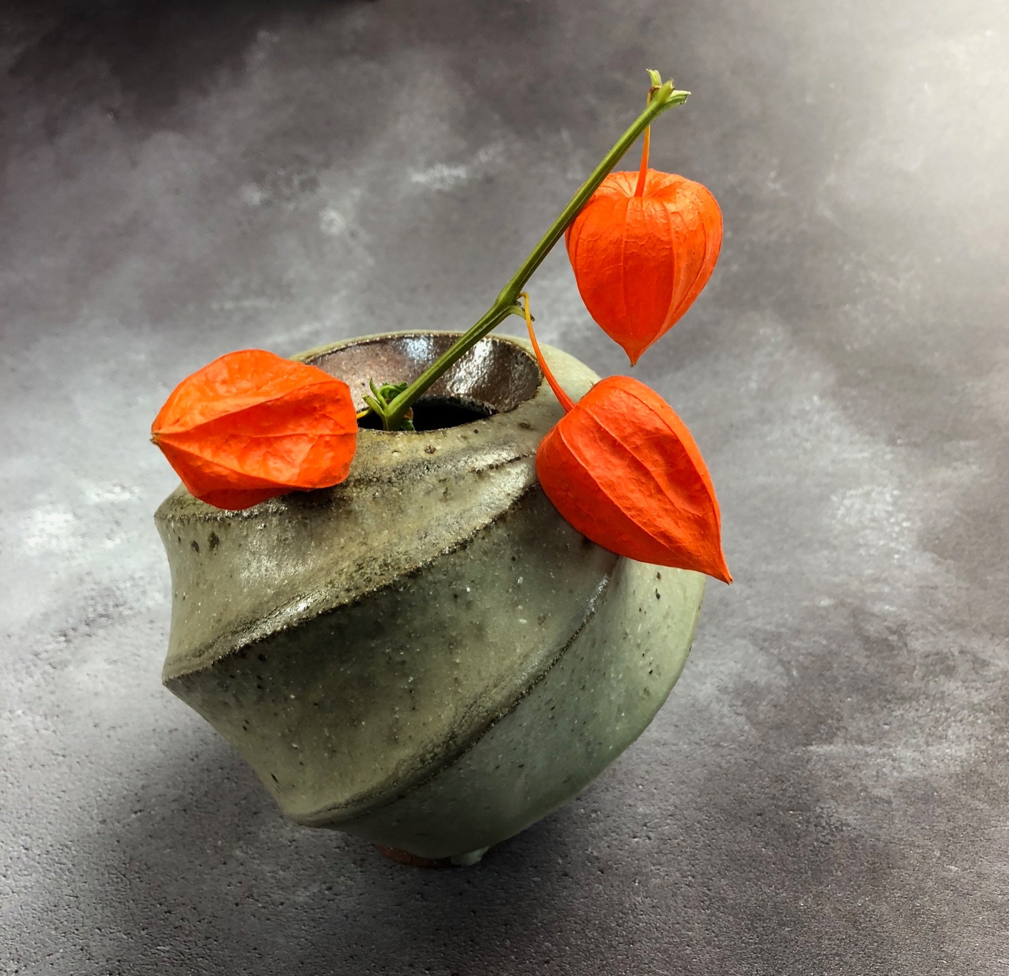 Physalis in a spiral bud vase with willow ash glaze