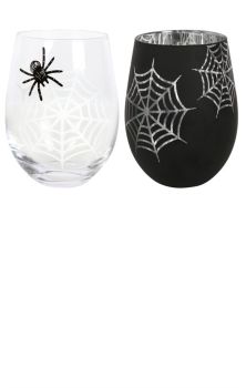 SET OF 2 SPIDER AND WEB STEMLESS WINE GLASSES