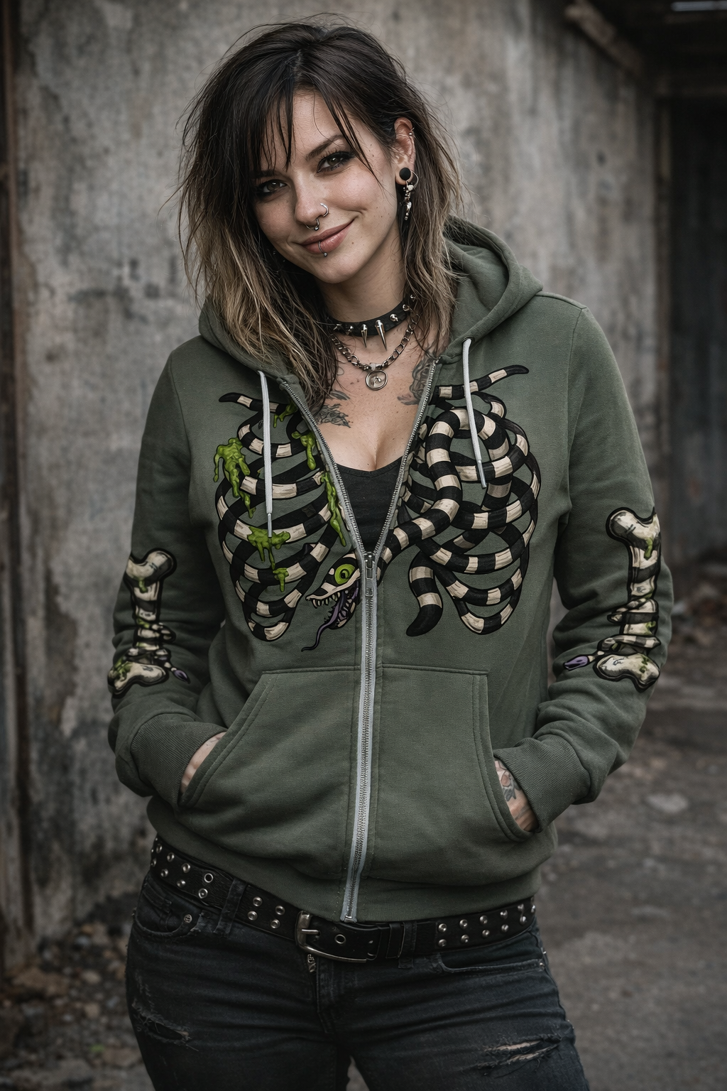 Beetlejuice Ribcage Zip hoodie Military Green RRP £39.99
